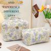 Large Capacity Quilted Floral Makeup Bag - Portable Cotton Toiletry Handbag with Cute Flower Design for Students