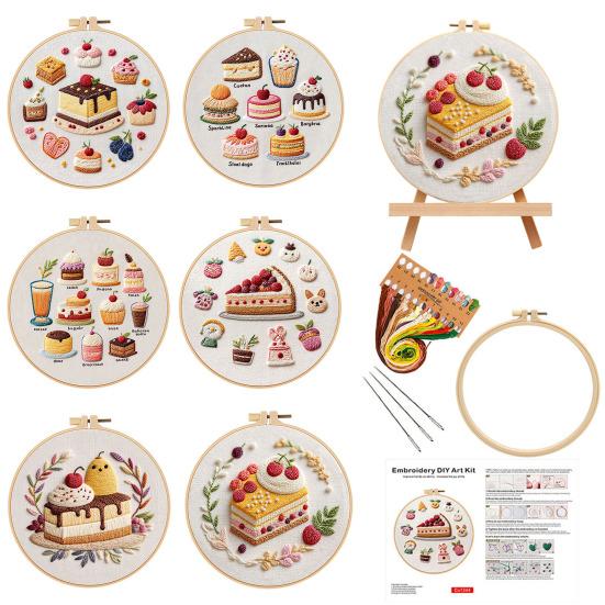 1 Set Kuchen Stickerei-Kit mit Stickrahmen Fäden Nadeln Vorgedrucktes Dessert Kreuzstich Handwerk Stickerei Starter-Kit Geschenk für DIY-Begeisterte