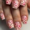 Pink Flower Accented Square Short False Nails for Spring & Summer
