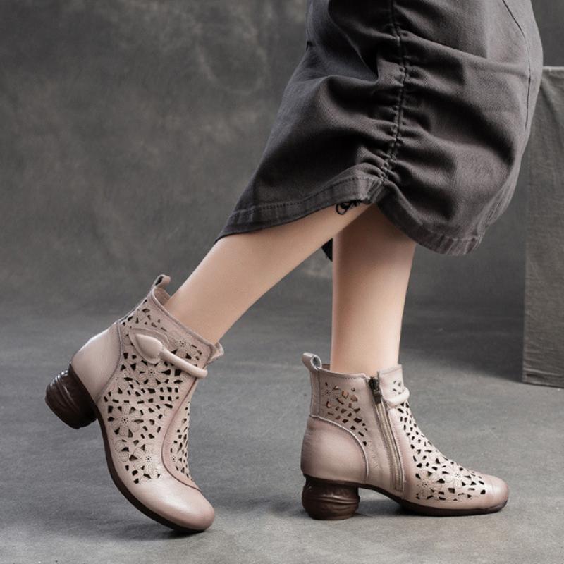 Johnature Retro Prodyšné Holínky Letní Sandály Móda z pravé kůže Dámská obuv na vysokém podpatku