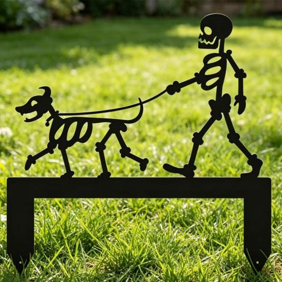 Skeleton Dog Garden Stake Black Skeleton Walking Dog Metal Decoration Funny Halloween Yard