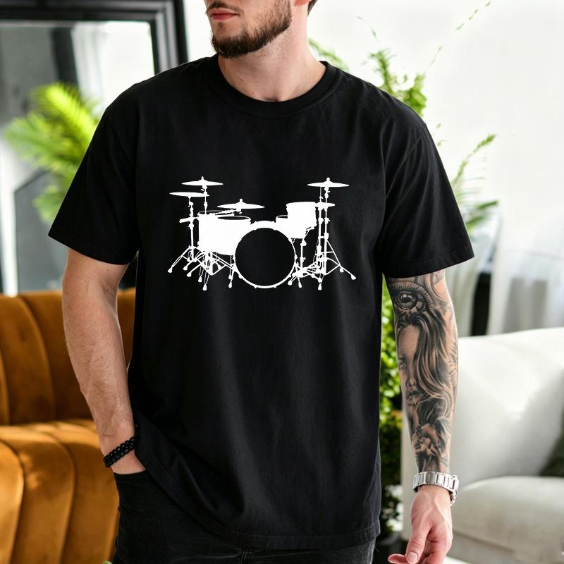 Unisex Crew Neck Drum Set Silhouette Print Short Sleeve Cotton Tee Casual Summer Streetwear Loose Basic Daily Outdoor Wear Top