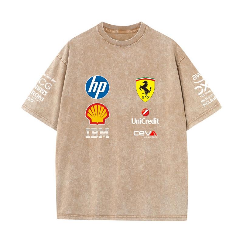 Vintage Washed Black Ferrari F1 Racing T Shirt Oversized Short Sleeve Tee Retro Motorsport Sponsor Logo Print Casual Streetwear Loose Top