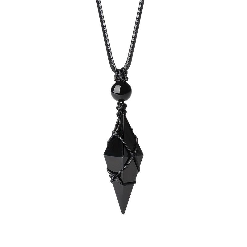 Unisex Natural Obsidian Rhombus Pendant Necklace – Woven Rope Crystal Jewelry, Personalized Fashion Couple Gift.