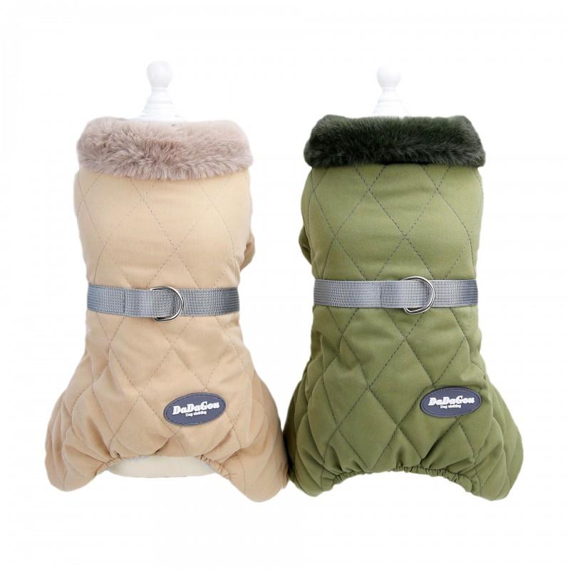 Warm Winter Dog Coat Teddy Bichon Frise - Quilted Cotton Jacket With Hood Leash Ring Four-Leg Design