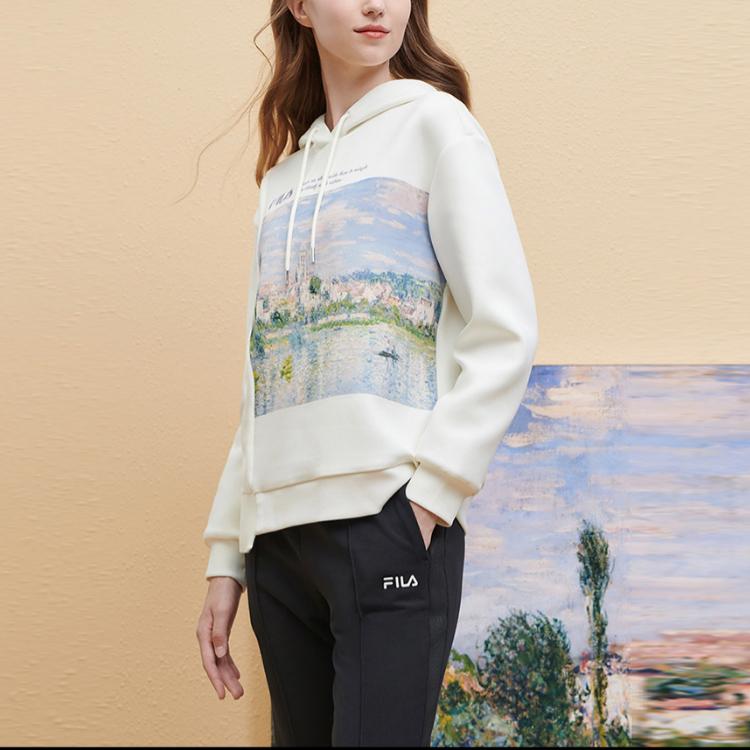 FILA 2023 Autumn New Knit Hooded Sweatshirt Loose Fashion Monet Print Women tops Ceramic-White F11W348218F-IV