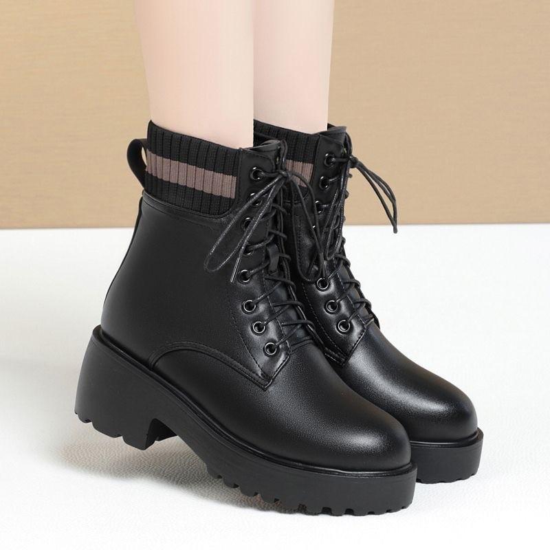 Autumn and winter new thick-soled heightening warm Martin boots women's velvet thickened soft leather soft-soled versatile short boots