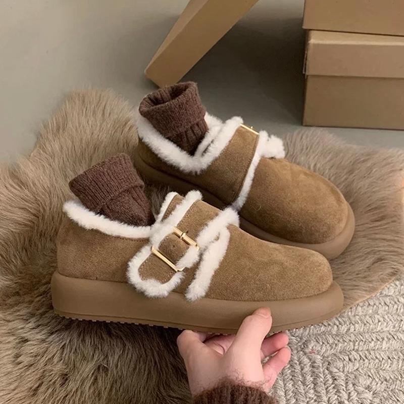 Fashion Fur Flats Women Snow Boots Suede Fashion Warm Shoes Cozy Winter Short Plush Cotton Boots 2025 Casual Soft Cozy Botas Para Mujer