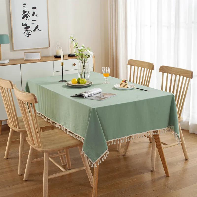 Farmhouse Solid Color Tablecloth Rectangle Cotton Fabric Pompom Tassel Table Cover For Kitchen Dinning Wedding Party Decorations