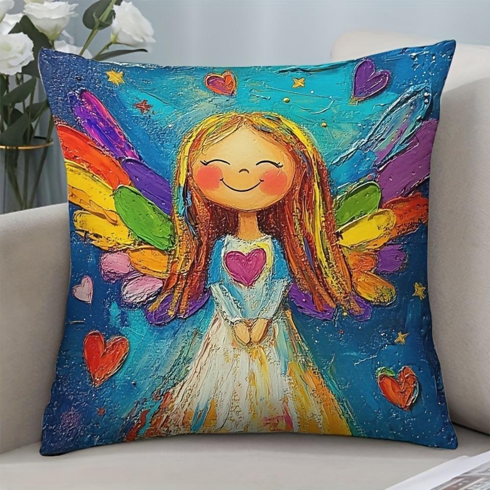 Colorful Angel Girl Pillow Cover Double Sided 2Dprint Soft Durable Pillow Cover Couch Bed Dorm Cheerful Decor Gift For Whimsical