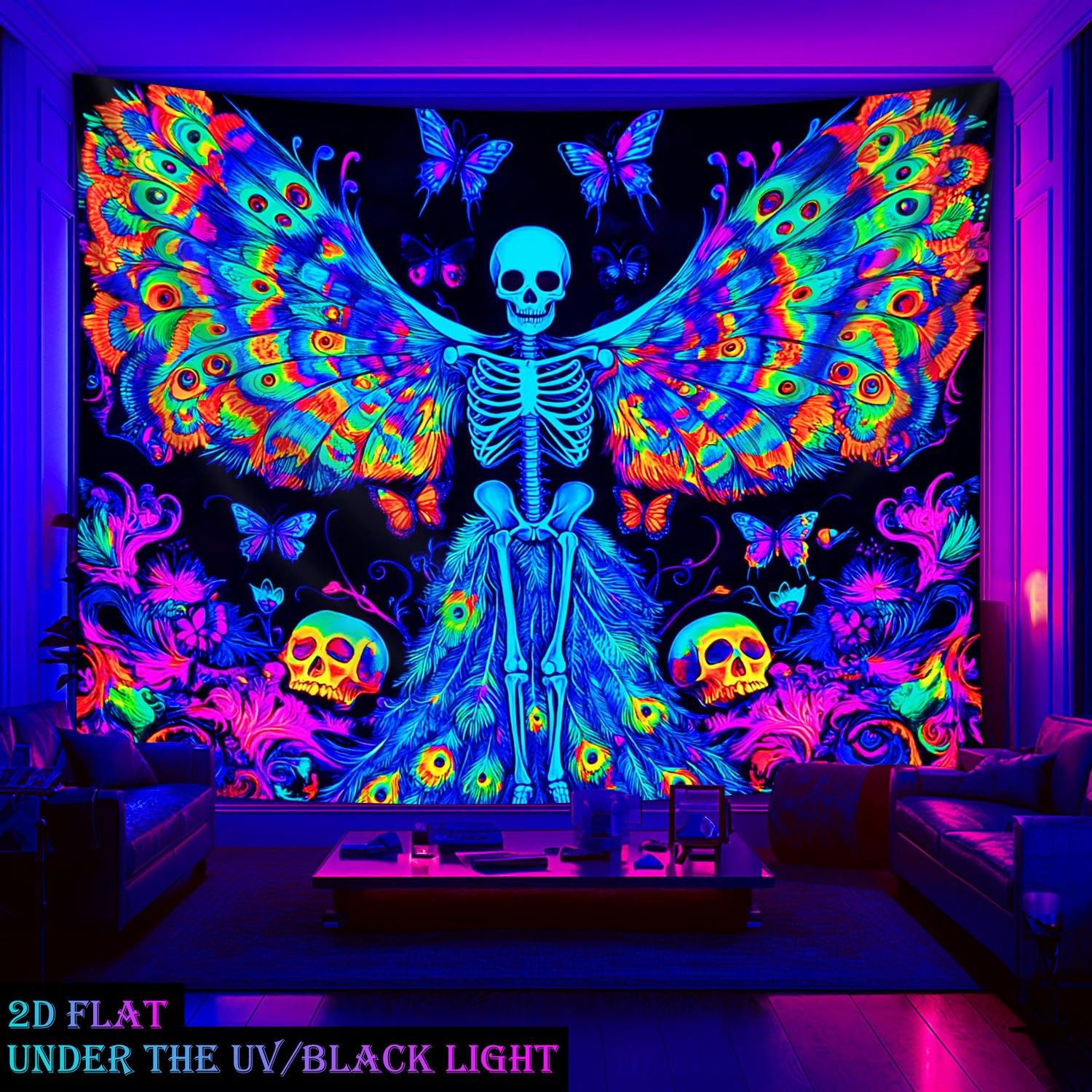 Psychedelic Peacock Skull Tapestry Black Light Lamp Psychedelic Print Hanging Cloth Room Decoration 100X70CM