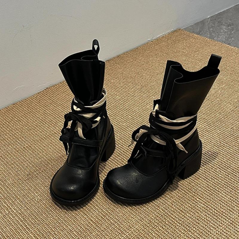 

Vintage Niche Design Spice Girls Platform Martin Boots Women s Straps Coarse Heel Locomotive Boots 35 чёрный