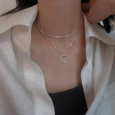 925 Sterling Silver Double Layer Crystal Moon Charm Pendant Choker Necklace Wedding Party Statemen Jewelry For Women Dz101