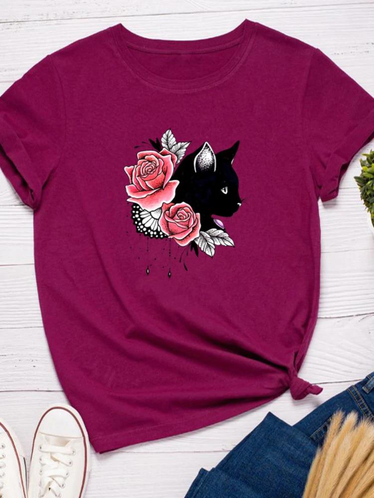Black Cat Flower Print Women T Shirt Short Sleeve O Neck Loose Women Tshirt Ladies Fashion Tee Shirt Tops Camisetas Mujer