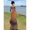 Sunset tiedye printed swinging collar dress, feminine temperament, slimfitting waist and thin holiday dress