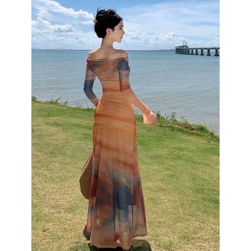 Sunset tiedye printed swinging collar dress, feminine temperament, slimfitting waist and thin holiday dress