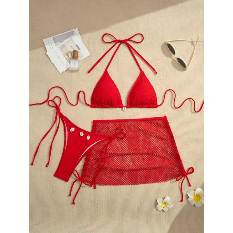Brown Fishnet 3 Piece Bikini Set with Seashell Decor & Cover Up Skirt