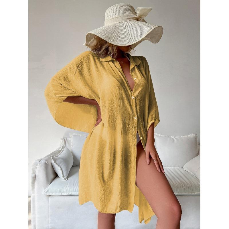 Loose Shirt-Style Beach Cover-Up | Vacation Kimono for Bikini, Long Length Solid Color with Lapel Collar
