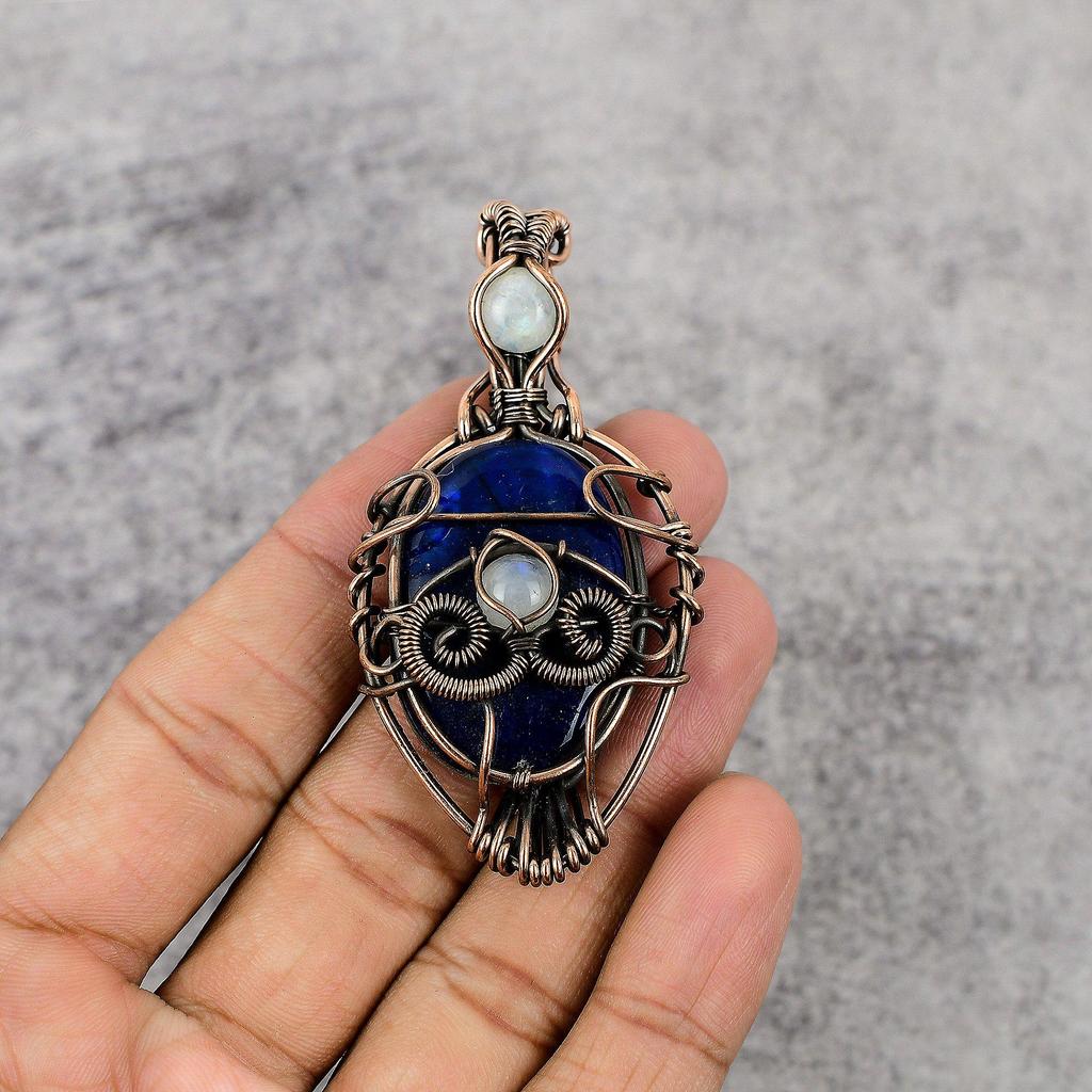 Blue Flash Labradorite & Rainbow Moonstone Pendant, 999 Copper Wire Wrapped Jewelry, Handmade Pendant Gemstone Jewelry