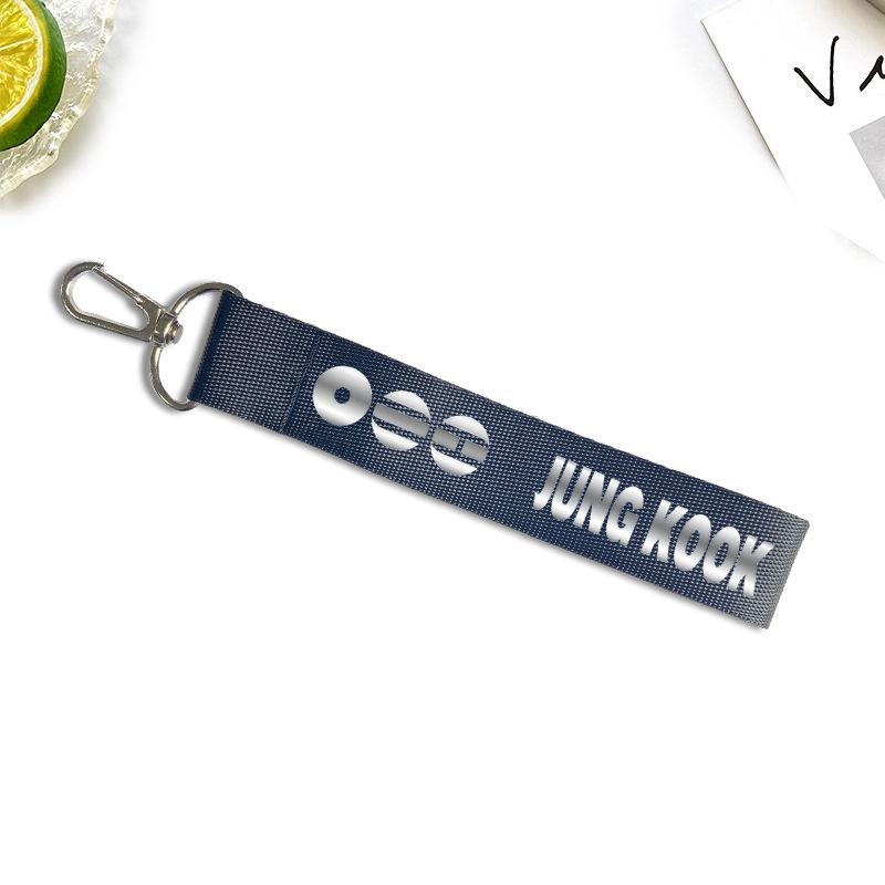 

BTS Member Name Denim Key Lanyard, Navy Blue Woven Strap with Silver Print, Bangtan Boys ARMY Fans Phone/Key Accessory JUNGKOOK