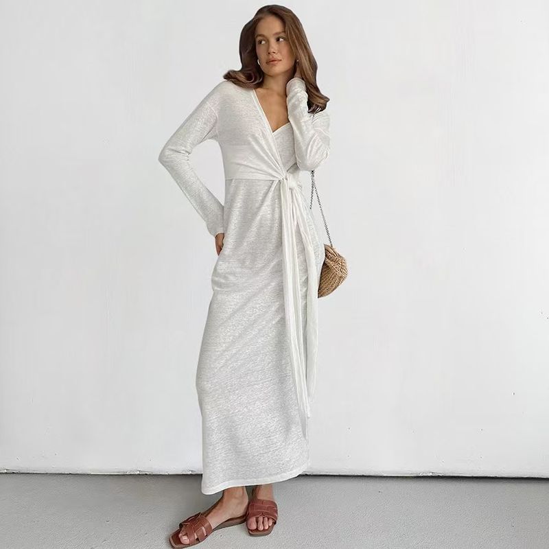 Fashion Wind New Arrival Fashion Silm Lace-up Long Sleeve V Neck Dress Sexy Long Sleeved Dress