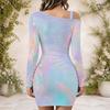 Women Plus Size One Shoulder Long Sleeve Gem Printed Purple Black Gray Bodycon Mini Dress