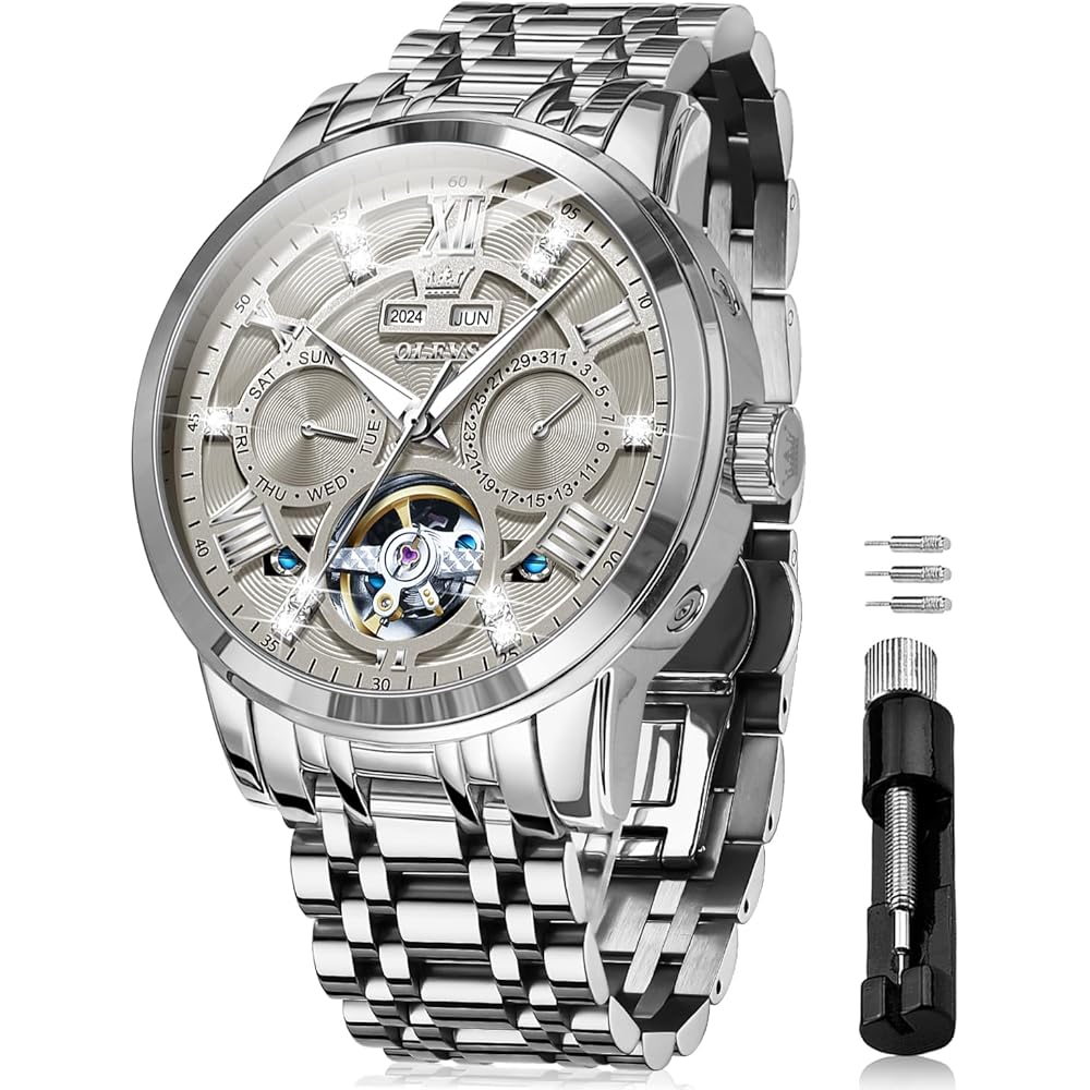 OLEVS Automatic Mechanical Skeleton Luxury Dress Watch Stainless Steel Diamond Men s Watch Gray