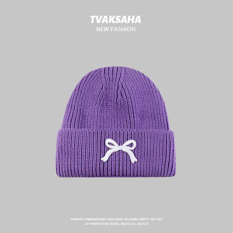 

Bow knitted hat Korean version versatile face small wool hat outdoor thermal cover cold hat tide One size fits all