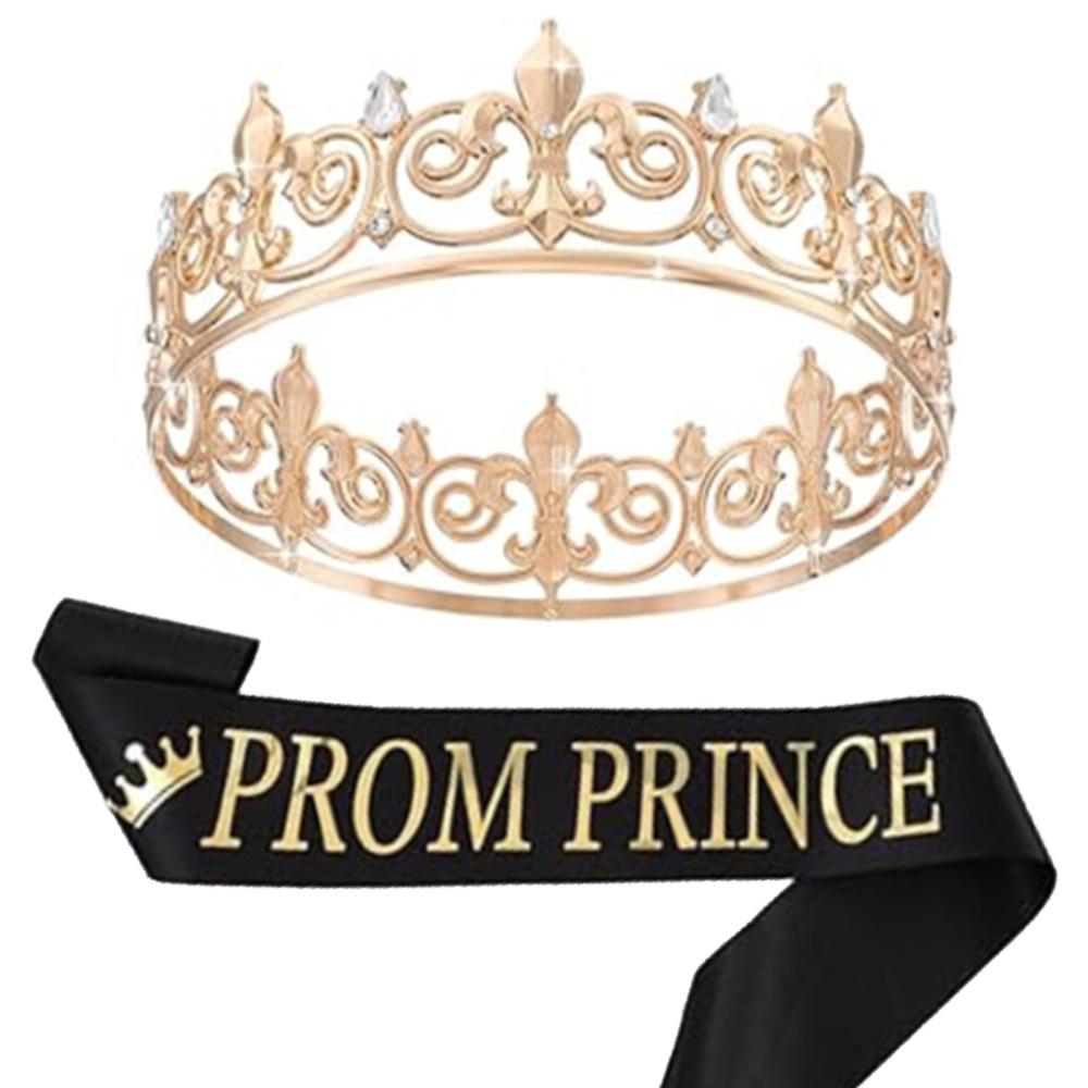 Round Crystal Crown Prom Prince Tiara Ribbon King Queen Ribbon Crown Party Decoration