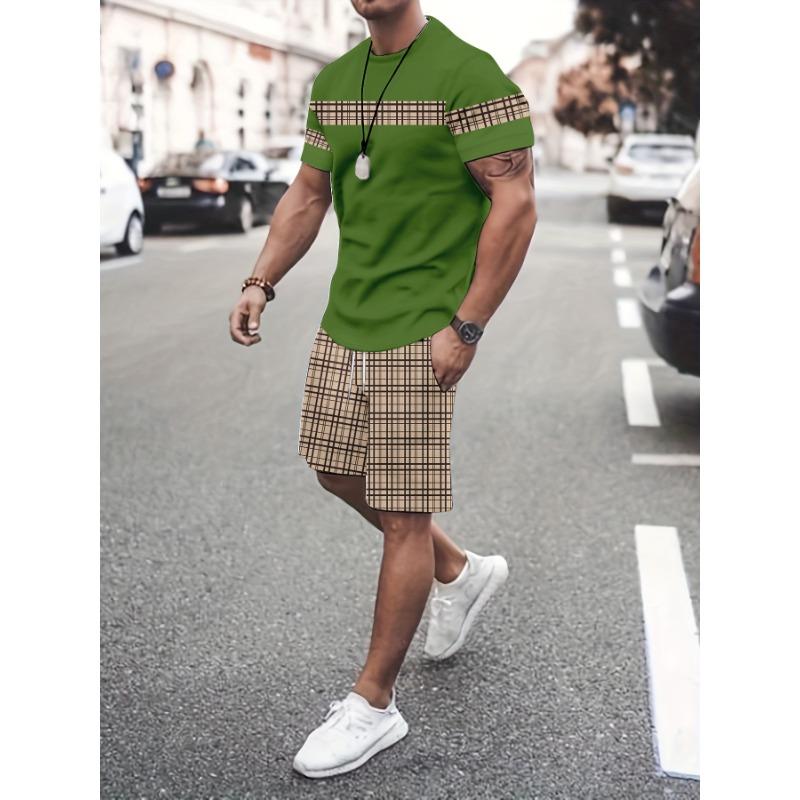 Men s Plaid Stripe Set: Green Short Sleeve Tee with Checkered Shorts. Summer Casual Streetwear for Beach Holiday Travel Daily Wear S разноцветный