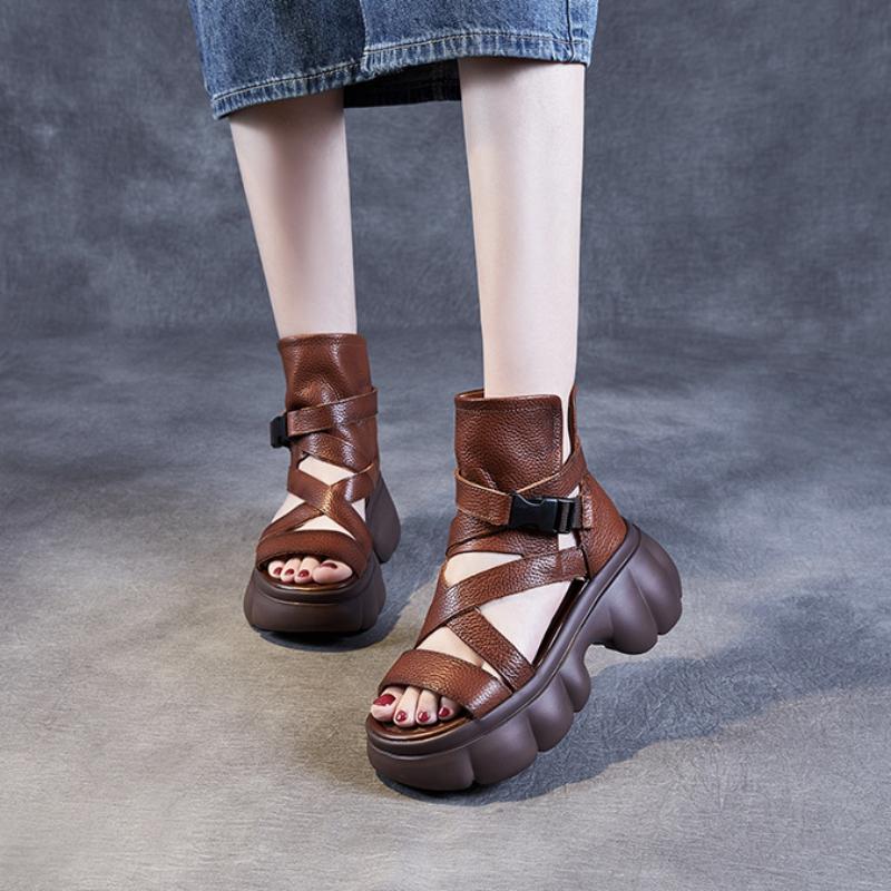 Johnature Roman Style Thick Sole Sandals Women's Shoes Genuine Leather Peep Toe Thick Heel Platform Sandals