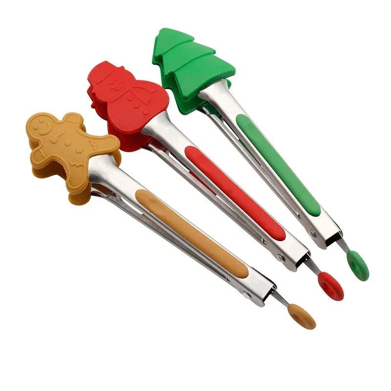 New Christmas Silicone Food Tong Gingerbread Man Snowman Xmas Tree Pattern Cooking Clip Steak Bread Clamp Kitchen BBQ Salad Tool