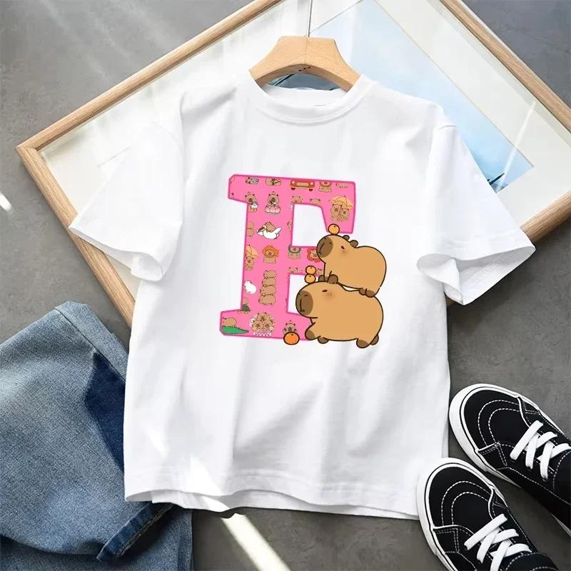 Cute Capibala Letter Printed Short Sleeved Pure Cotton Tshirt for Children Comfortable and Breathable Top Gift 2025
