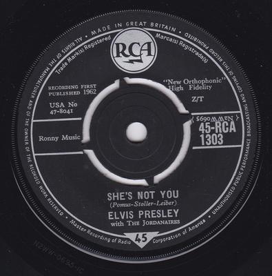 7inch Record ELVIS PRESLEY THE JORDANAIRES  Shes Not You 45RCA1303 RCA 1962 UK Rock Used