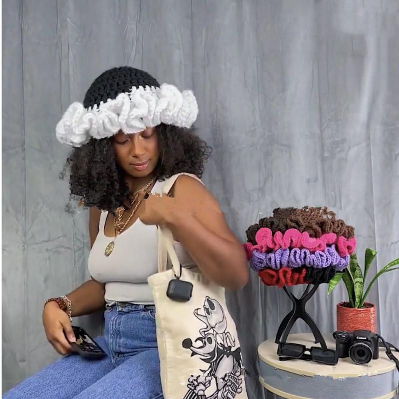 NEW Women Crochet Bucket Hats Y2k Fashion Pleated Ruffles Knitted Hat