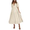 Puff Sleeve Vacation Dress For Women Summer  Deep V Neck Casual Short Sleeve A-Line Maxi Dresses