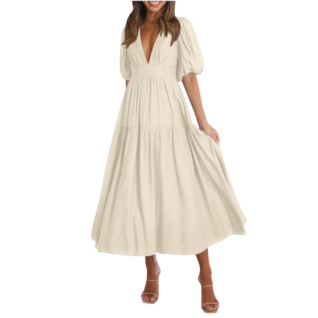 Puff Sleeve Vacation Dress For Women Summer  Deep V Neck Casual Short Sleeve A-Line Maxi Dresses