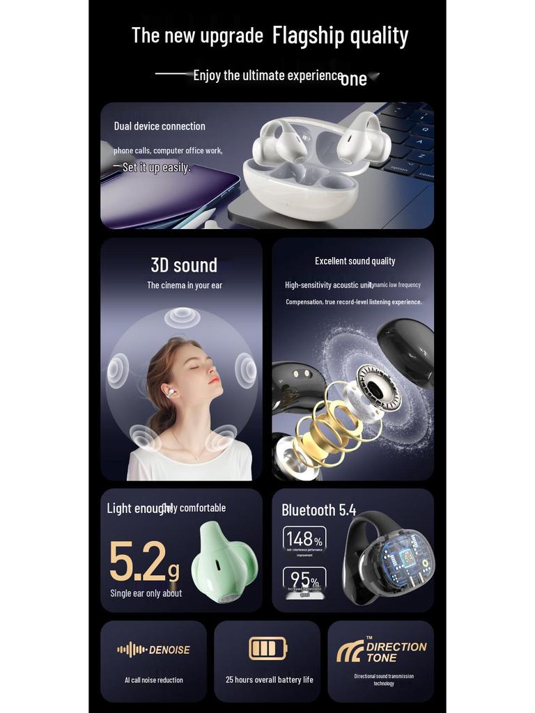 New TWS Open-ear Earclip-style Sports Bluetooth Headphones with AI Noise Cancellation