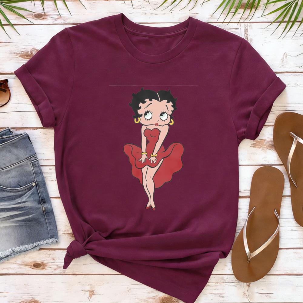 Classic Red Dress Betty Boop Theme Series Printed TShirt Betty Boop Collector Casual Daily Outfit Retro Style Women Cotton Tops