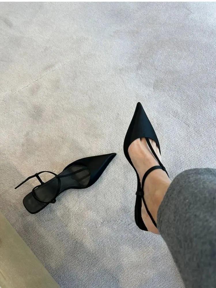 Pointed Fabric Low Heeled Sandals for Women in Summer, Solid Color with Toe Cover and Back Empty,Casual Sandals for Women