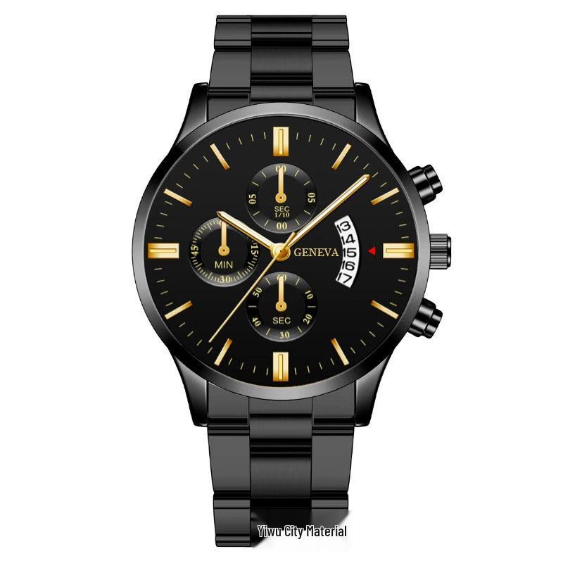 

Чоловічий сталевий кварцовий годинник з великим циферблатом та трьома додатковими циферблатами Black Dial Gold Needle Black Case Black Strap