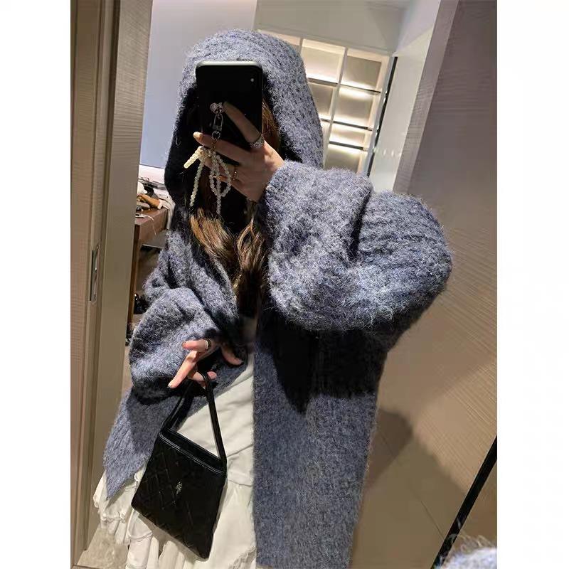 Fashion Loose Cardigan Knitted Hooded Women Sweater Solid Color Casual Coats Lantern Long Sleeves Office Large Knit Jacket Top Clothing