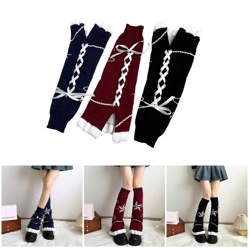 Japanese Harajuku Stretchy Knitted Leg Warmers with Star Pattern for Women Drawstring Ruffle Flared Boot Cuffs Covers