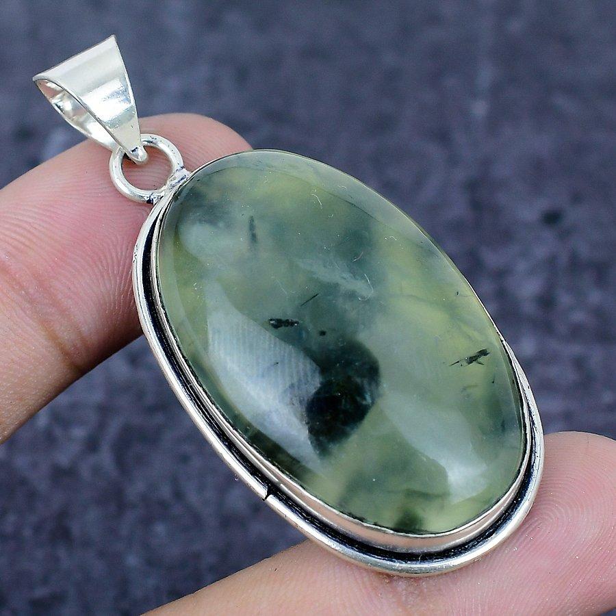 Prehnite Gemstone 925 Sterling Silver Jewelry Pendant 2.29"