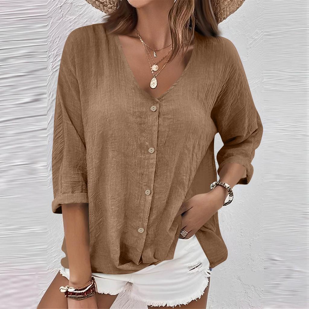Women's Fashion Casual Color V-Neck Live Button Seven Sleeve T-Shirt Top