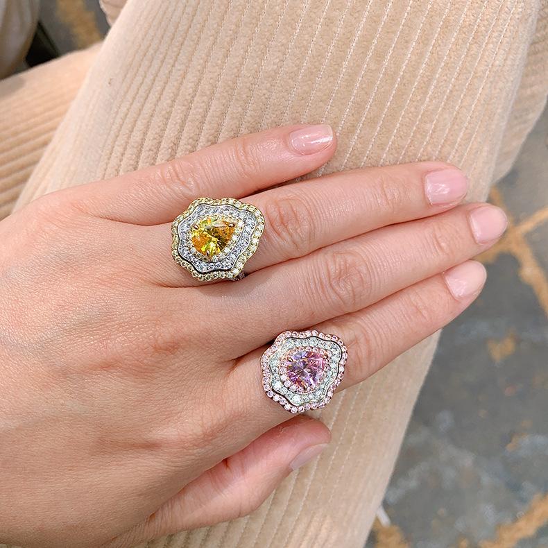 New Pink Ring With Micro Inlaid Pear Shaped Colored Jewelry Retro Exaggerated Zircon Female