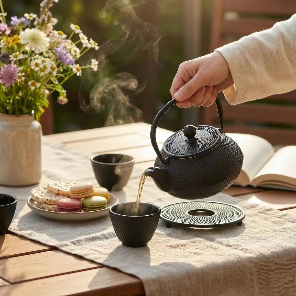 CAST IRON KETTLE 0.8L TEAPOT SET 2x CUPS STAND BLACK