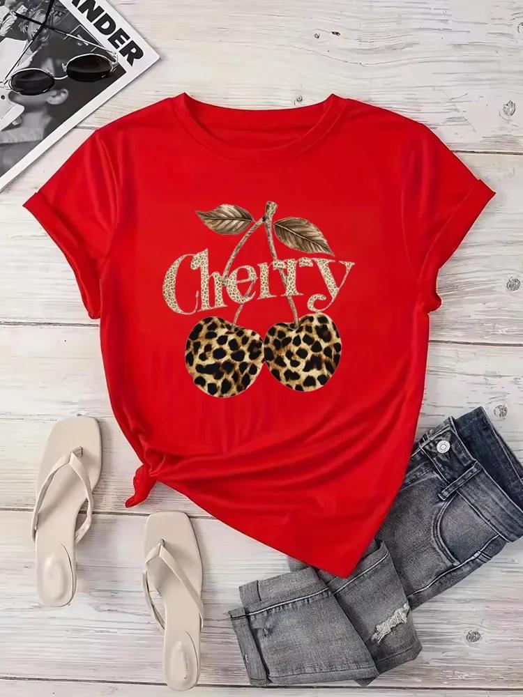 

Womens Tshirt Leopard Cherry Printed Casual Fashion Short Sleeve Tshirt Soft Comfortable Summer Women Casual Clothing 4XL