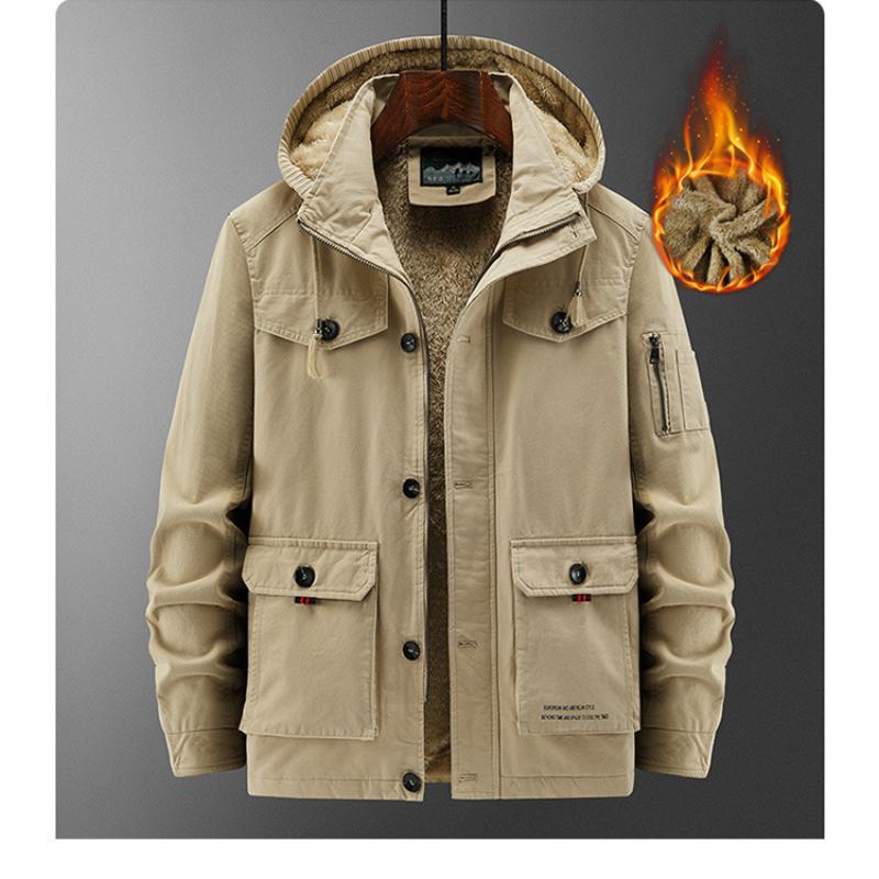 Winter Men's Cotton Coat Plus Velvet and Thickened Coat, Work Jacket, Multi-pocket Hooded Top Coat