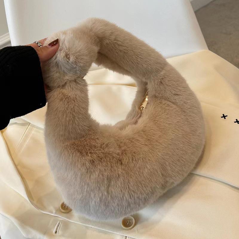 

Меховая Сумка Женская Маленькая Сумка-Полумесяц Теплая Плюшевая Сумка на Запястье Пушистый Клатч хаки